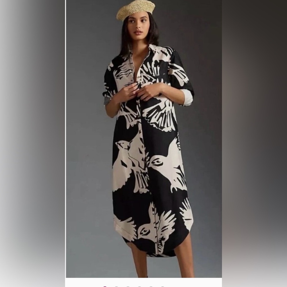 Anthropologie Maeve Soren Midi Shirt Dress Black White Bird Print Size medium.